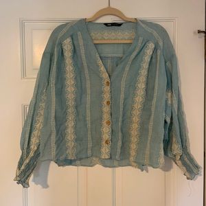 Zara peasant blouse button down blue and white embroidery - XS